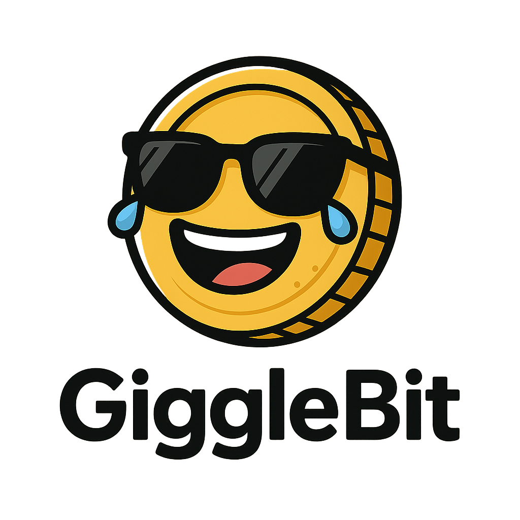 The original GiggleBit mascot: a laughing gold coin wearing sunglasses.